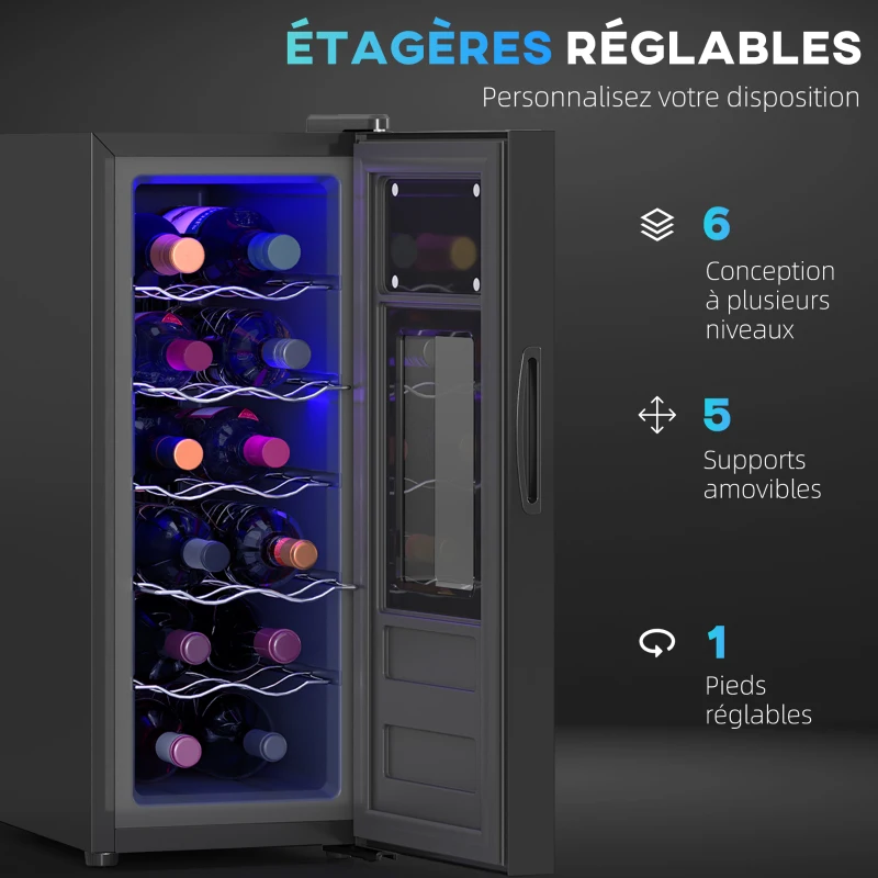 HOMCOM Cave à vin 12 bouteille 30L thermoélectrique double et silencieux avec porte en verre, LED, écran numérique, noir