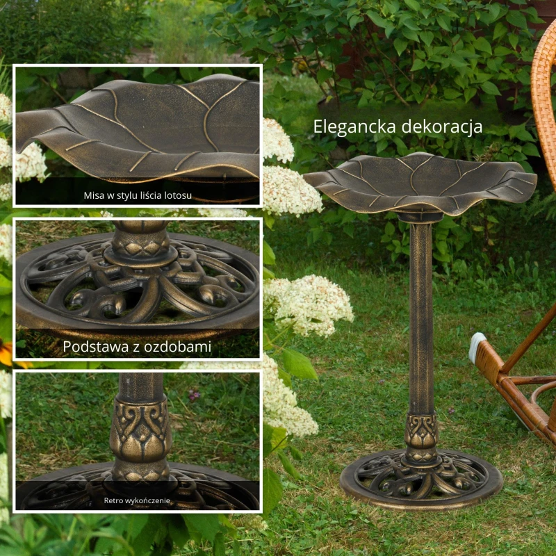 Outsunny Poidełko dla ptaków z podstawką, wysokość 71 cm, kąpiel dla ptaków, karmnik dla ptaków z misą w kształcie liścia lotosu, poidełko dla dzikich ptaków do ogrodu, na balkon, w kolorze brązowym