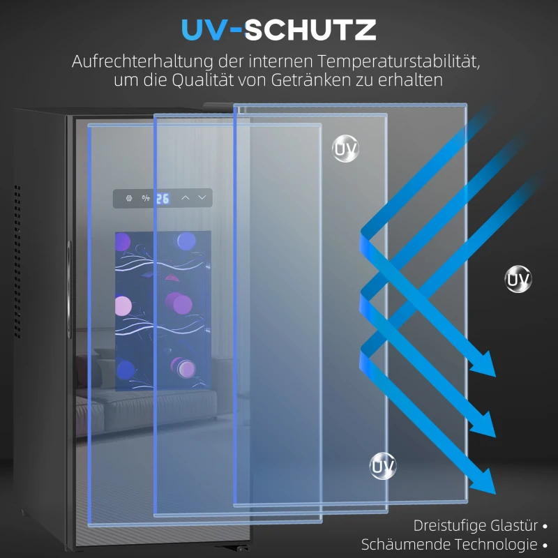 HOMCOM Weinkühlschrank für 12 Flaschen, mit Glastür, Getränkekühlschrank mit LED-Licht, Touch-Screen, Schwarz