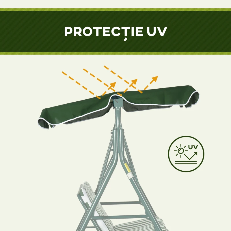 Outsunny Balansoar de Gradina 3 Locuri Acoperis Parasolar si Structura din Otel si Poliester, 172x110x153 cm, Alb si Verde