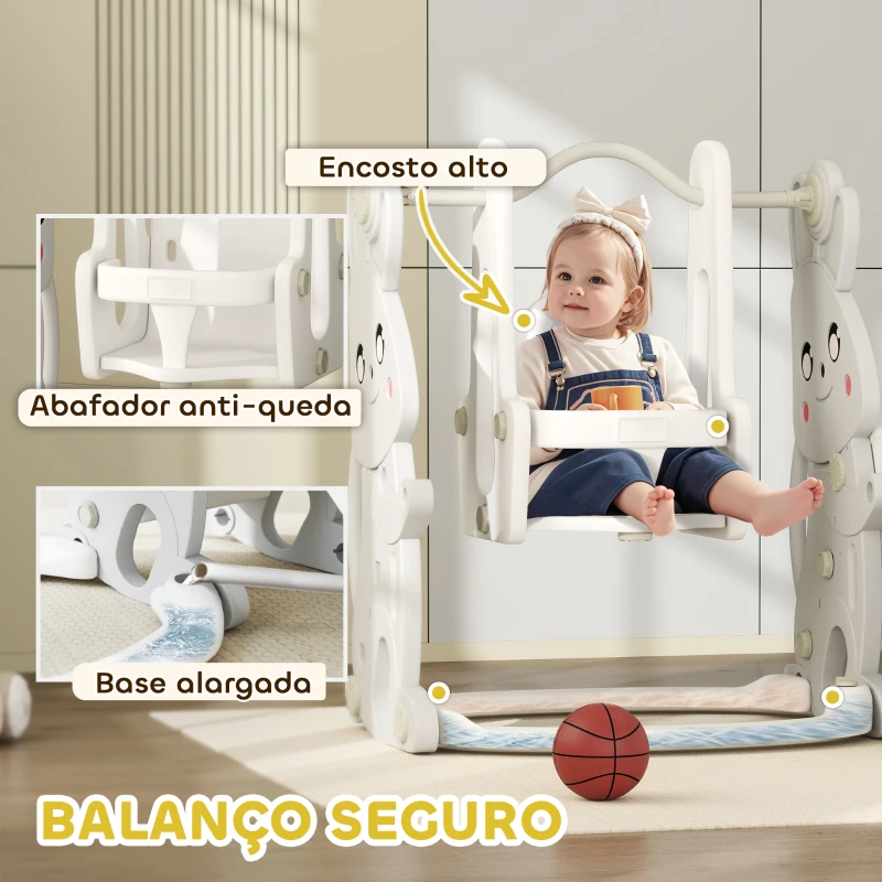 AIYAPLAY Escorrega Infantil 4 em 1 Baloiço e Escorrega Escalador Tabela de Basquetebol Temática de Coelho 147,5x160x107 cm Cinza