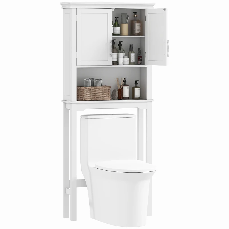 kleankin Meuble WC dessus de toilette avec placard à porte double, étagère réglable et niche, dim. 71 x 20,5 x 165 cm, blanc