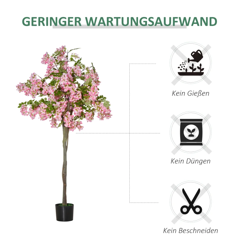 HOMCOM künstliche Pflanzen 150 cm Kunstpflanzen im Topf künstlicher Schnurbaum mit rosa Blumen Kunstpflanze Kunstbaum Zimmerpflanze Dekopflanze Büropflanze Kunststofftopf für drinnen und draußen