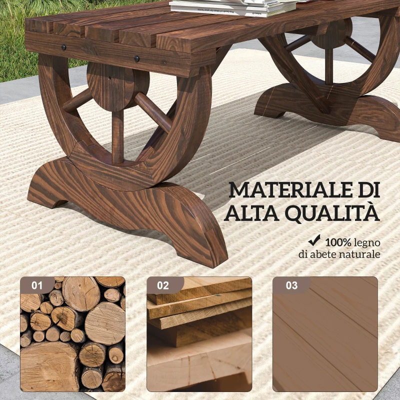 Outsunny Panca a 2 Posti da Esterno in Legno di Abete con Effetto Bruciato (98x50x39.5cm) Gambe con Design a Ruota(Ø41cm)