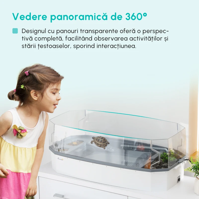 PawHut Kit terariu pentru tesoasa, Acvariu pentru testoasa cu platforma de incalzire, pompa de apa, vedere completa a habitatului reptilei,usor de curatat si schimbat apa, zona multi-functionala, alb