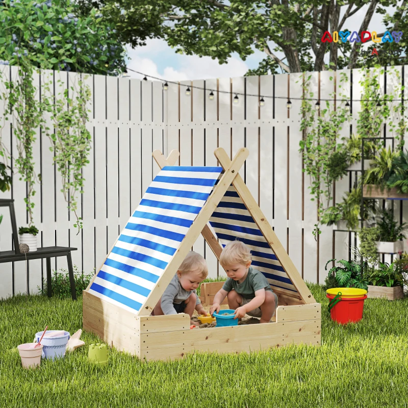 AIYAPLAY Sandkiste für Kinder, Sandkasten mit wetterfestem Zeltdach, für 3 Kinder im Alter von 3-6 Jahren, 120 x 120 x 126,5 cm