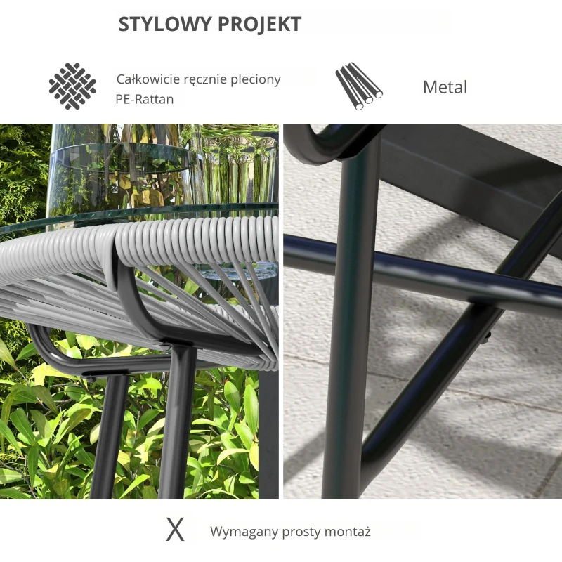 Outsunny Stolik boczny z rattanu, stolik bistro, stolik kawowy z blatem ze szkła, okrągły stolik ogrodowy, na taras, balkon, czarno-szary, 50 x 50 x 50 cm