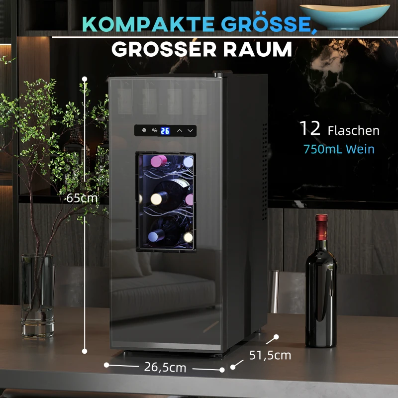 HOMCOM Weinkühlschrank für 12 Flaschen, mit Glastür, Getränkekühlschrank mit LED-Licht, Touch-Screen, Schwarz