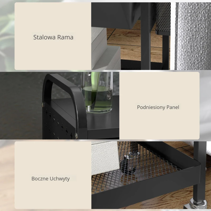 HOMCOM Wózek wielofunkcyjny z 1 Szufladą, 1 Półką, 4 Kółkami, Wózek Kuchenny, Czarny