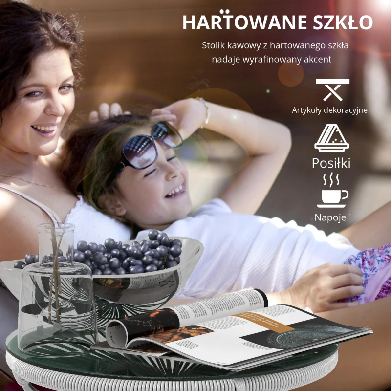 Outsunny Stolik boczny z rattanu, stolik bistro, stolik kawowy z blatem ze szkła, okrągły stolik ogrodowy, na taras, balkon, czarno-szary, 50 x 50 x 50 cm