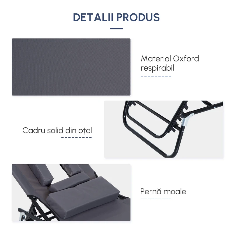 Outsunny Sezlong Relax Pliabil pentru plaja cu pernuta și deschidere pentru față în tesătură Oxford, Gri