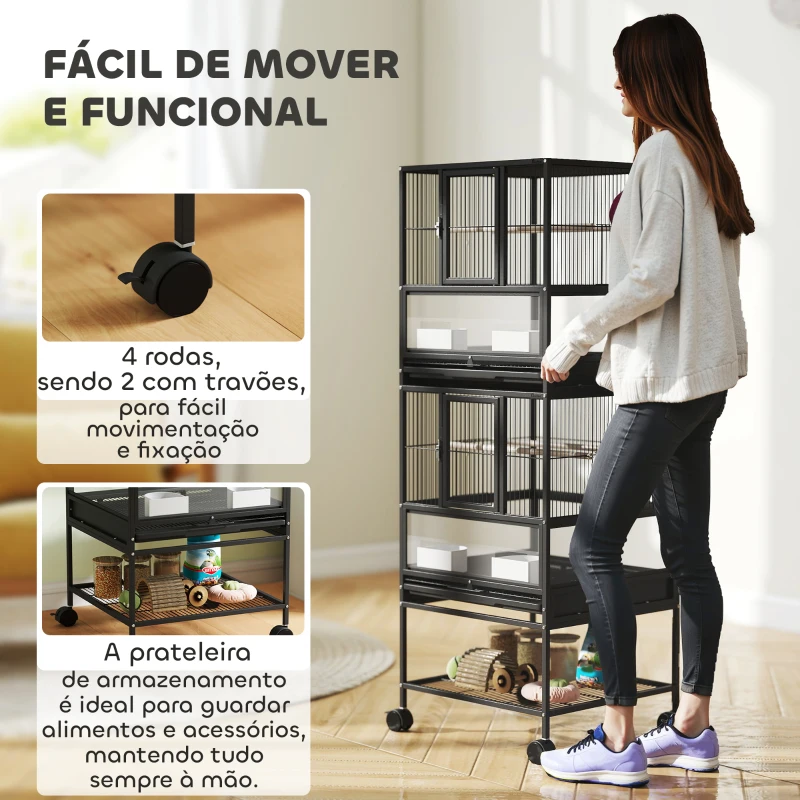 PawHut Gaiola para Pássaros de 2 Níveis com Rodas Painéis Acrílicos Comedouros Prateleira Bandejas Amovíveis  48x46x134,5 cm Preto