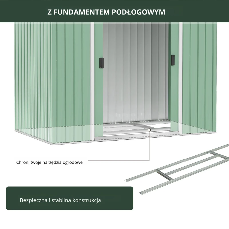 Outsunny Szop ogrodowy, 2 drzwi przesuwne, okna wentylacyjne, rama podłogowa z ocynkowanej stali, nierdzewna stal, jasnozielony, 2,13 x 1,30 x 1,85 m