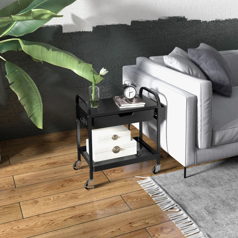 HOMCOM Wózek wielofunkcyjny z 1 Szufladą, 1 Półką, 4 Kółkami, Wózek Kuchenny, Czarny