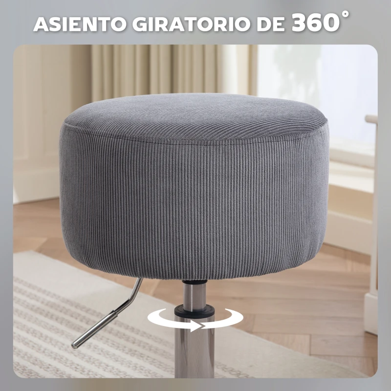 HOMCOM Taburete de Cocina Regulable en Altura 52-66 cm Tapizado en Pana Giratorio en 360° Gris