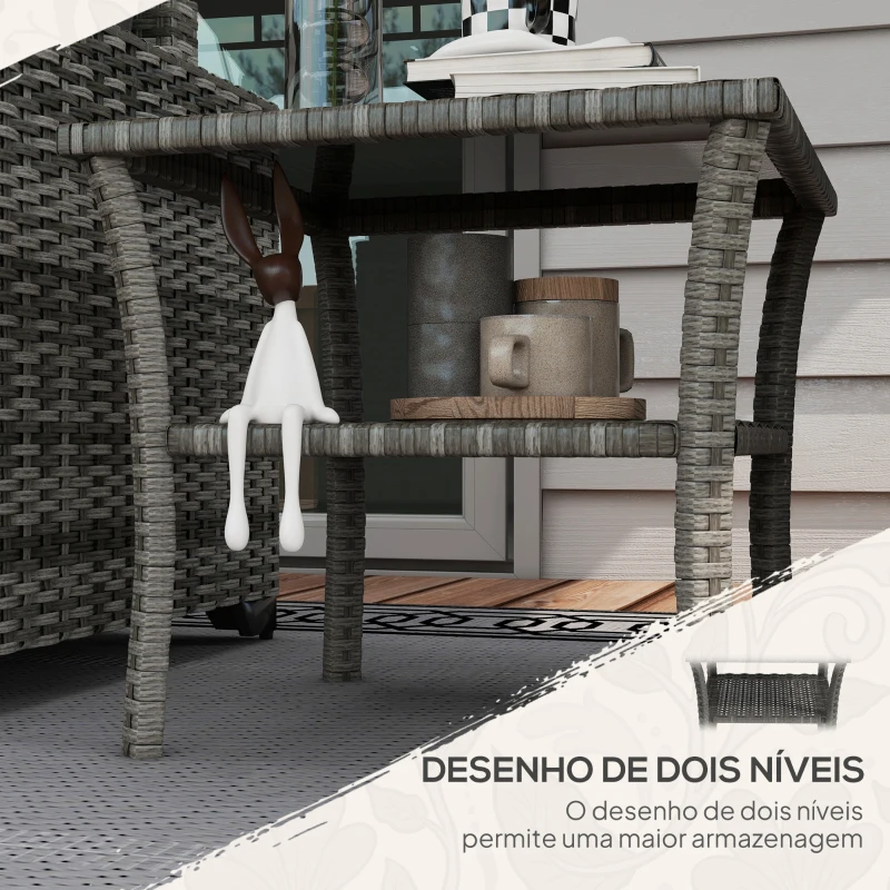 Outsunny Mesa de Vime Quadrada 50x50x45 cm Mesa de Jardim e Prateleira Tampo de Vidro Suporta 30 kg para Terraço Pátio Cinzento