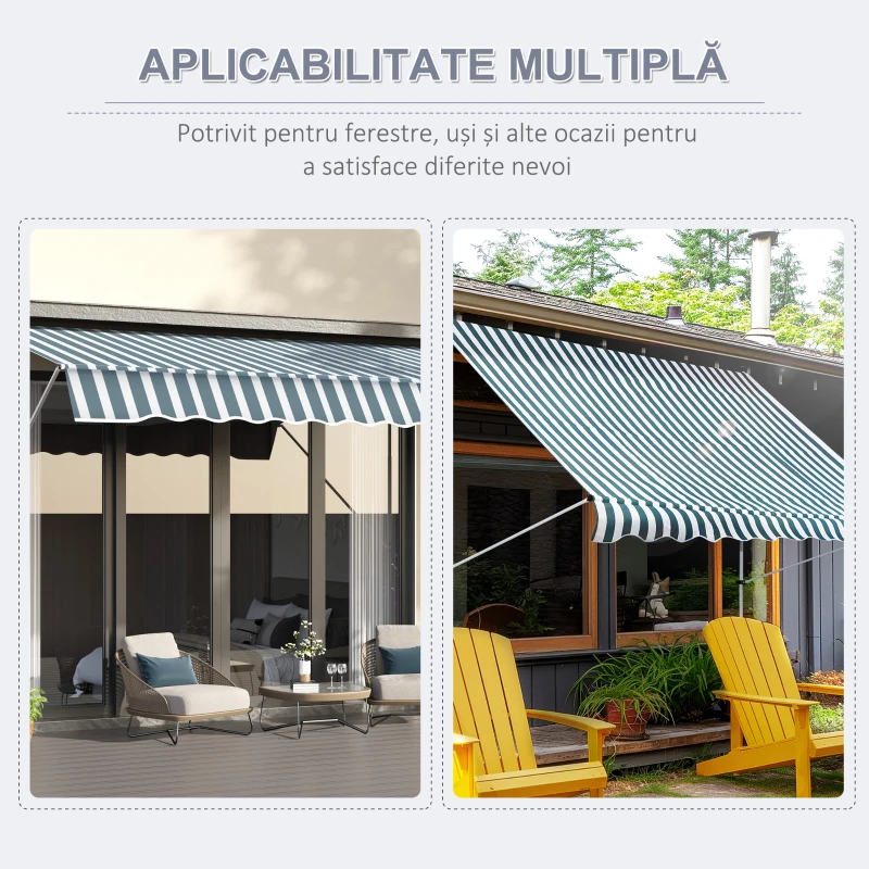 Outsunny Copertina de Soare cu Brate si Manivela, Structura Telescopica din Metal si Parasolar din Poliester 300x150cm, alb și verde