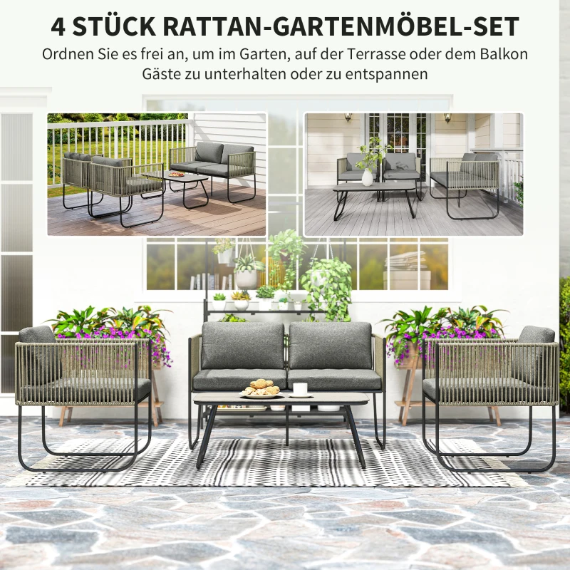 Outsunny Gartenmöbel Set aus Polyrattan Lounge-Set mit Sofa Sessel Tisch Kissen wetterfest 116 x 60 x 69 cm Braun+Dunkelgrau