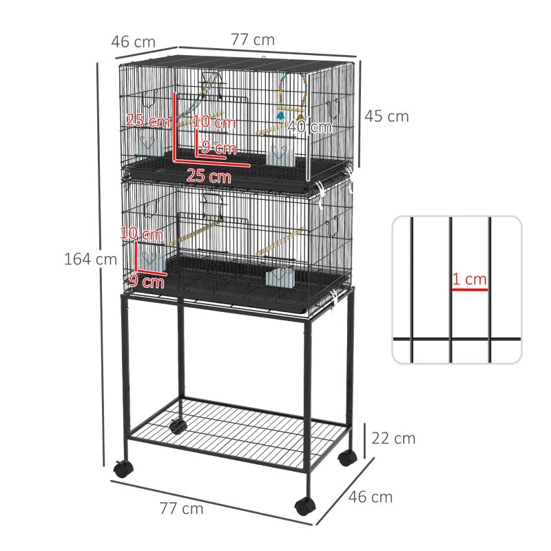 PawHut Gaiola Dupla e Empilhável para Pássaros 77x46x164 cm com Rodas Poleiros Bandeja Amovível Comedouros Baloiço e Escada Preto