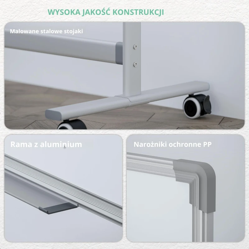 HOMCOM Tablica Magnetyczna, 120 x 90 cm, Obrotowa, Mobilna, z Markerami & Gąbką, Stalowa Konstrukcja, Biała