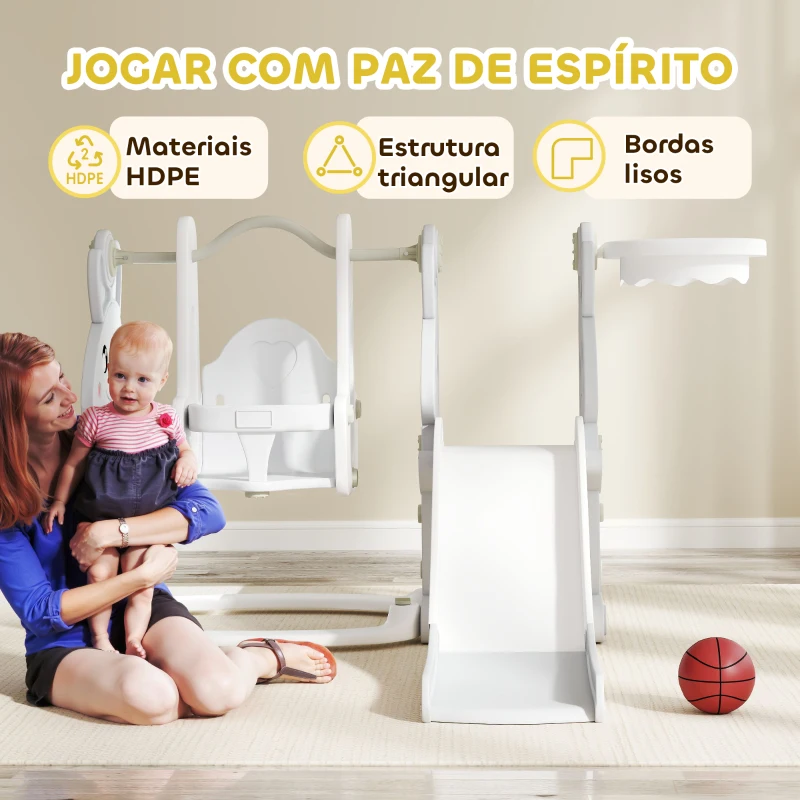 AIYAPLAY Escorrega Infantil 4 em 1 Baloiço e Escorrega Escalador Tabela de Basquetebol Temática de Coelho 147,5x160x107 cm Cinza