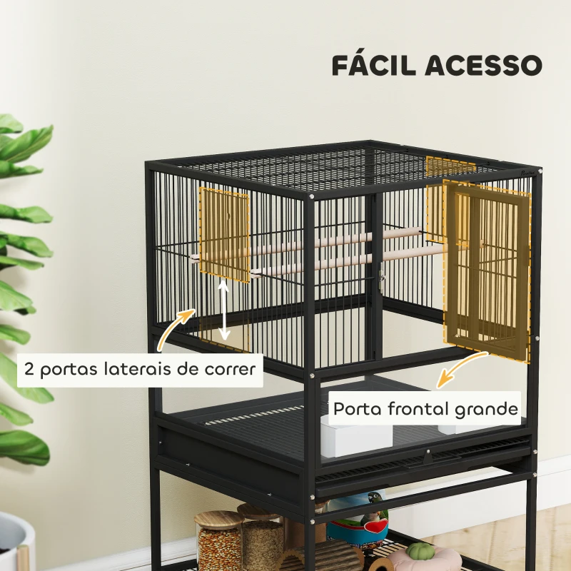 PawHut Gaiola para Pássaros com Rodas Painéis Acrílicos Comedouros Poleiros Prateleira Bandeja Amovível 48x46x83 cm Preto
