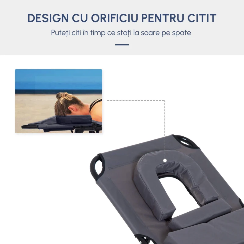 Outsunny Sezlong Relax Pliabil pentru plaja cu pernuta și deschidere pentru față în tesătură Oxford, Gri