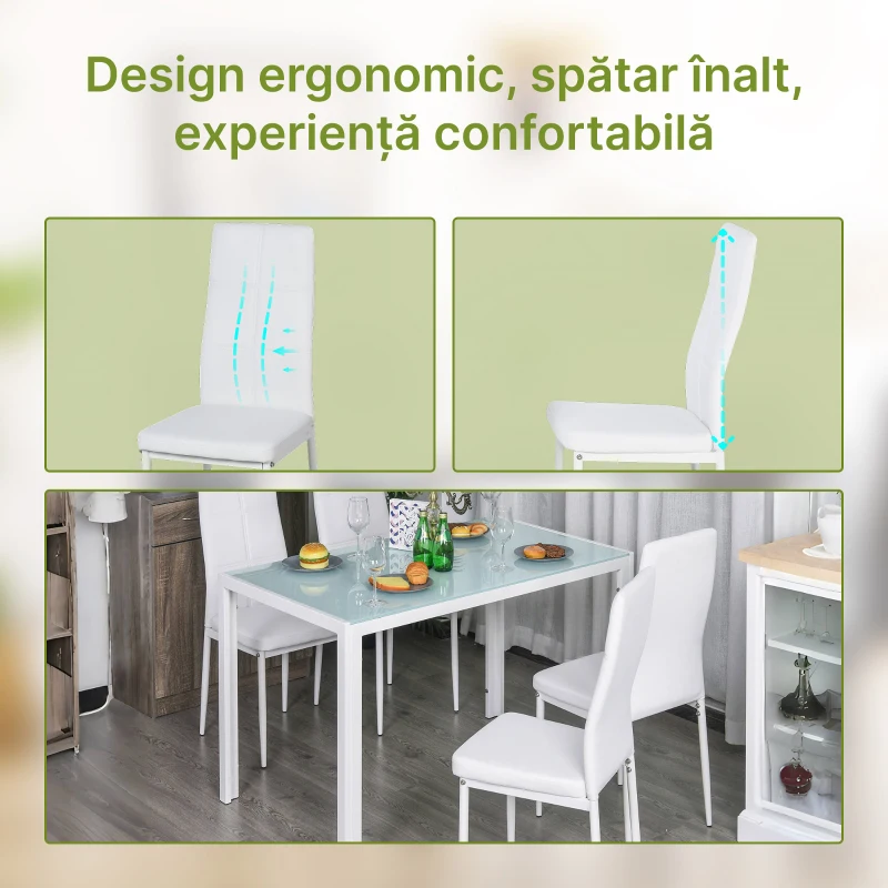 Homcom Set Dining Alb Modern – Masa + 4 Scaune Tapitate pentru 4 Persoane