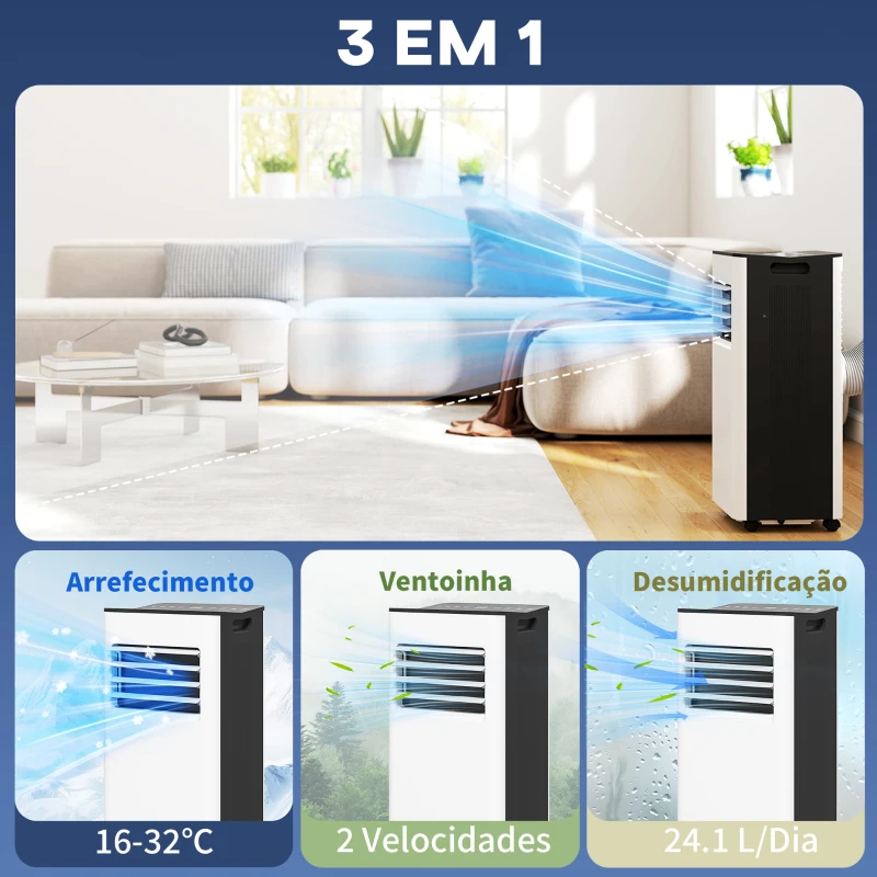HOMCOM Ar Condicionado Portátil 3 em 1 9000 BTU Arrefecedor Ventoinha Desumidificador 24,1 L/Dia com 2 Velocidades 25m² Branco