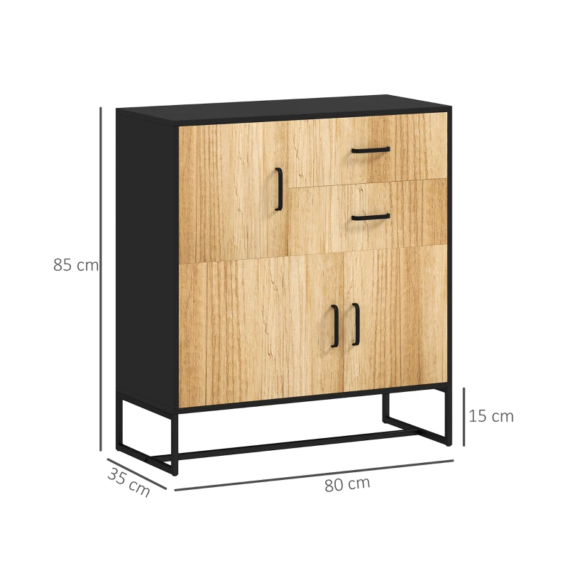 HOMCOM Bufet Modern de Depozitare cu 3 Dulapuri și 2 Sertare din Pal Melaminat și Oțel, 80x35x88 cm, Lemn Natural(m-3)