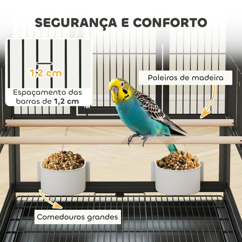 PawHut Gaiola para Pássaros de 2 Níveis com Rodas Painéis Acrílicos Comedouros Prateleira Bandejas Amovíveis  48x46x134,5 cm Preto