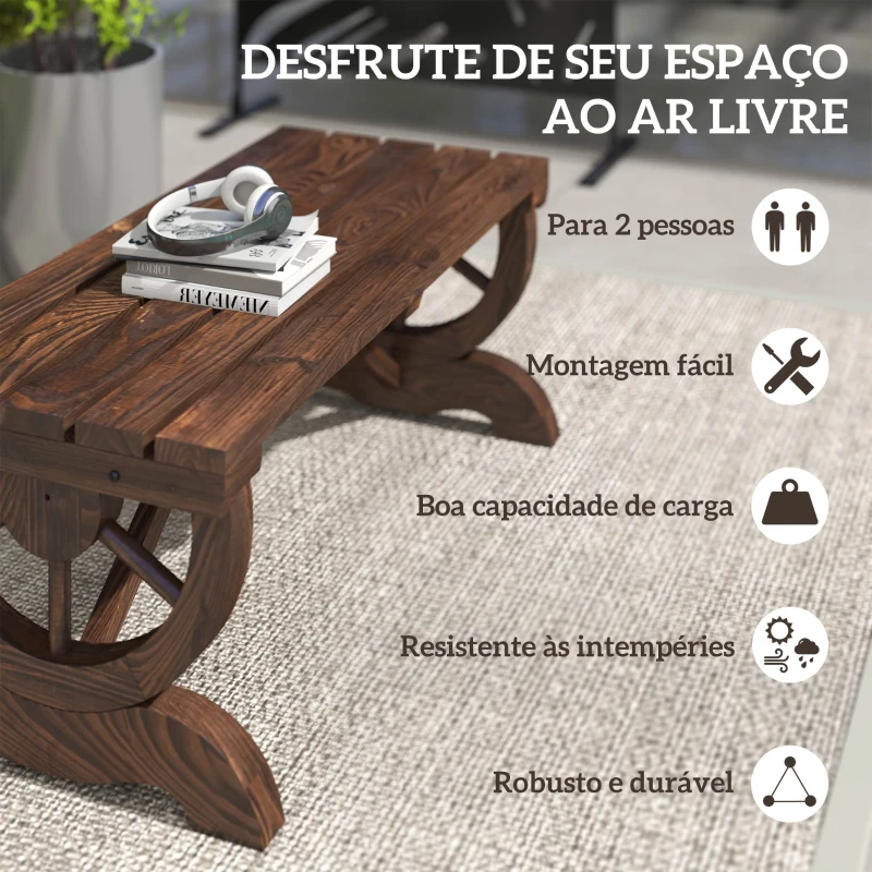 Outsunny Banco de Jardim de 2 Lugares Banco de Madeira com Rodas Decorativas Rústico Capacidade 250 kg 98x50x39,5 cm Castanho Rústico