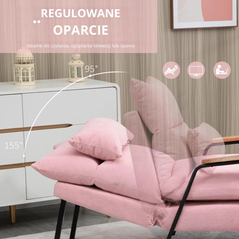 HOMCOM Fotel z podnóżkiem, fotel relaksacyjny z regulowanym oparciem, różowy