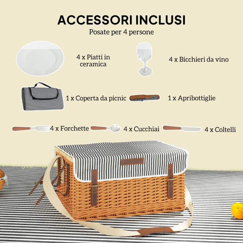 Outsunny Cesta da Pic Nic per 4 Persone con Tavolino e Cavatappi, in Vimini, 51x33x25 cm, Marrone Chiaro