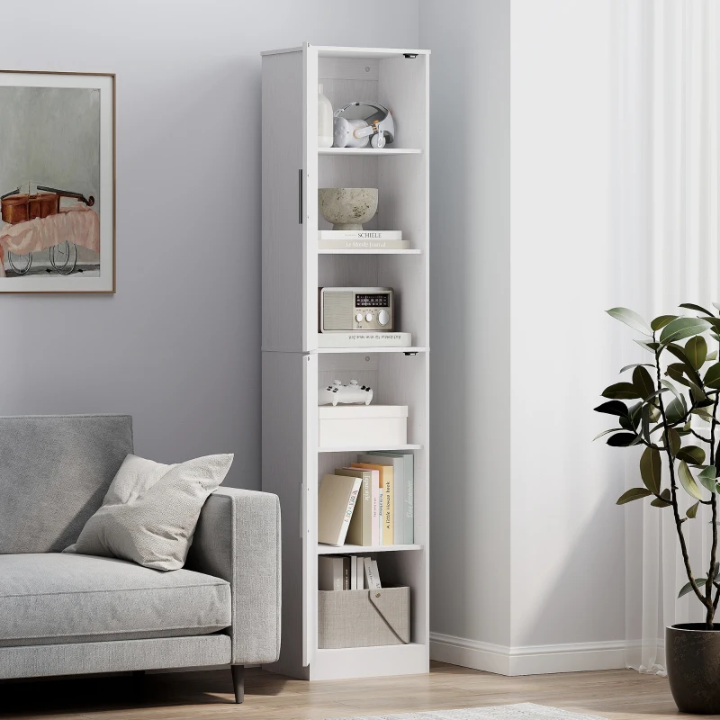 HOMCOM 180 cm hoher Badezimmerschrank, schmaler Badschrank mit 2 Türen, 4 verstellbare Regale, Spanplatte, MDF, Weiß