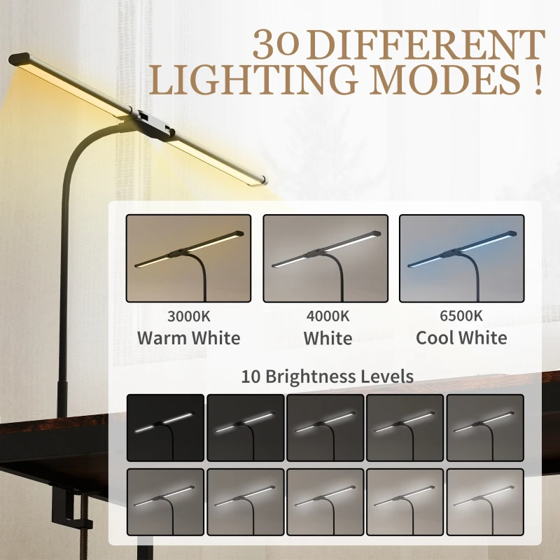HOMCOM LED Desk Lamp with Clamp, Double Head Table Lamp with 3 Colour Modes & 10 Brightness Levels, Flexible Gooseneck Reading Desk Light with Timer and Memory Function for Study, Office, Work, Black