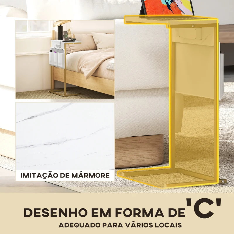 HOMCOM Mesa Auxiliar com Estação de Carga Mesa Lateral com 2 Entradas USB 1 Entrada USB-C e Bolsa Organizadora 25,5x40x71 cm Branco