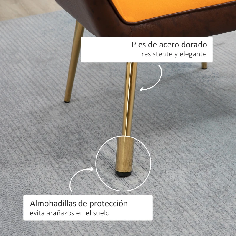HOMCOM Silla de Cuero Sintético y Terciopelo con Respaldo a Rayas Patas Doradas y Asiento Acolchado para Salón Dormitorio Gris