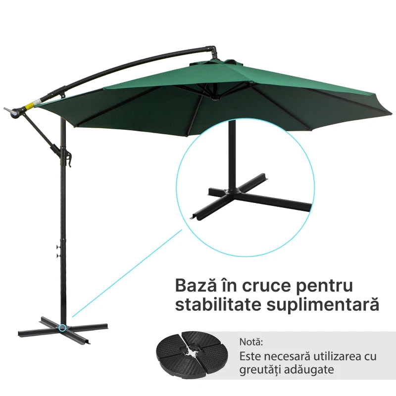Outsunny Umbrela Impermeabila cu Brat Lateral si Structura din Otel cu Manivela, Verde Φ300 x 250 cm