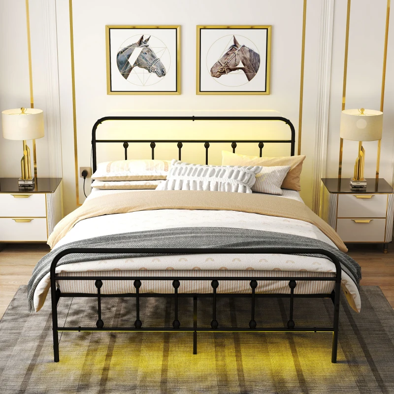 HOMCOM King Bed Frame with LED Lights and Charging Station, Metal Platform Bed Frame with Under Bed Storage, Black