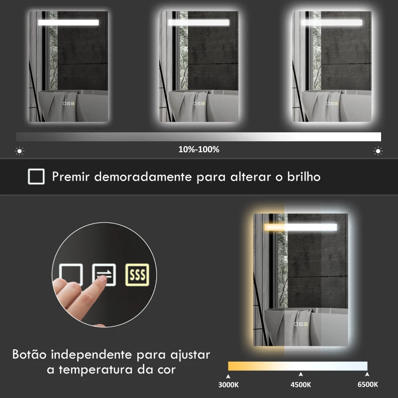 HOMCOM Espelho de Casa de Banho com Luz LED 70x50 cm 3 Cores de Luz Função Antiembaciamento Função de Memória IP44 Prata