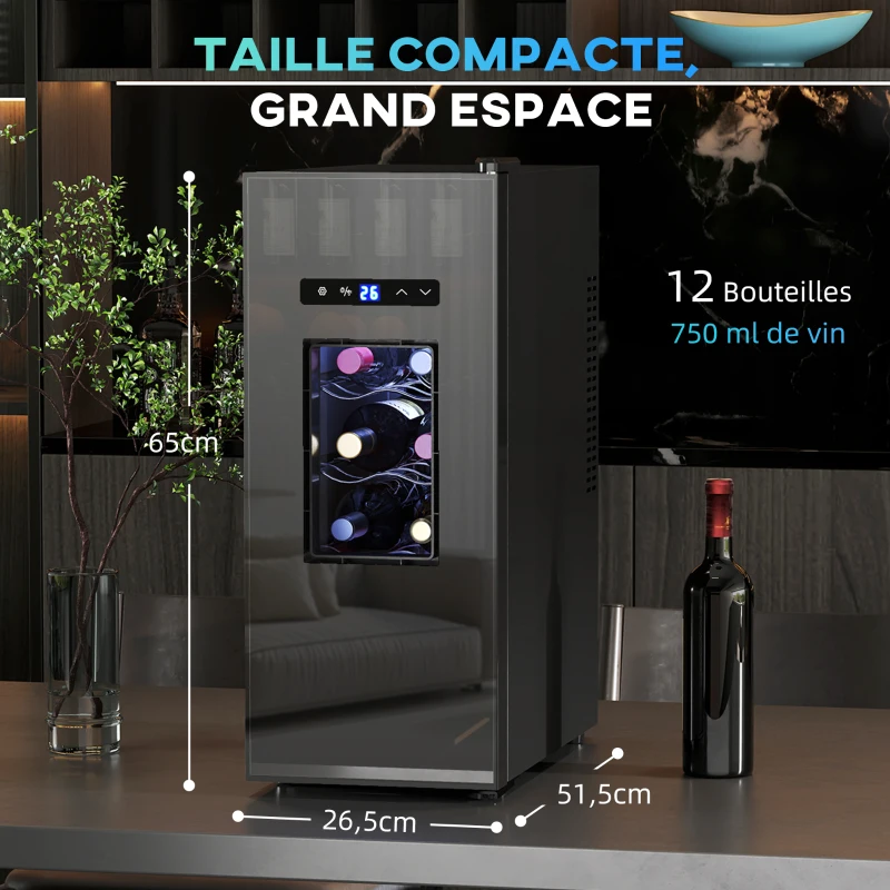 HOMCOM Cave à vin 12 bouteille 30L thermoélectrique double et silencieux avec porte en verre, LED, écran numérique, noir