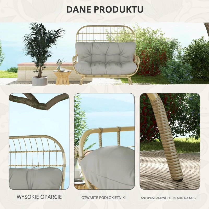 Outsunny Sofa ogrodowe 2-osobowe z podłokietnikami, z poduszką, sofa w stylu rattanowym, wytrzymała do 240 kg, do ogrodu, na balkon, jasnoszary