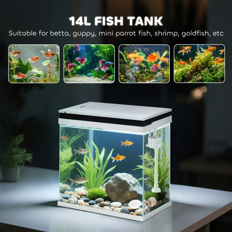 PawHut 14L Glass Fish Tank With Filter System, LED Lights, Water Pump, White