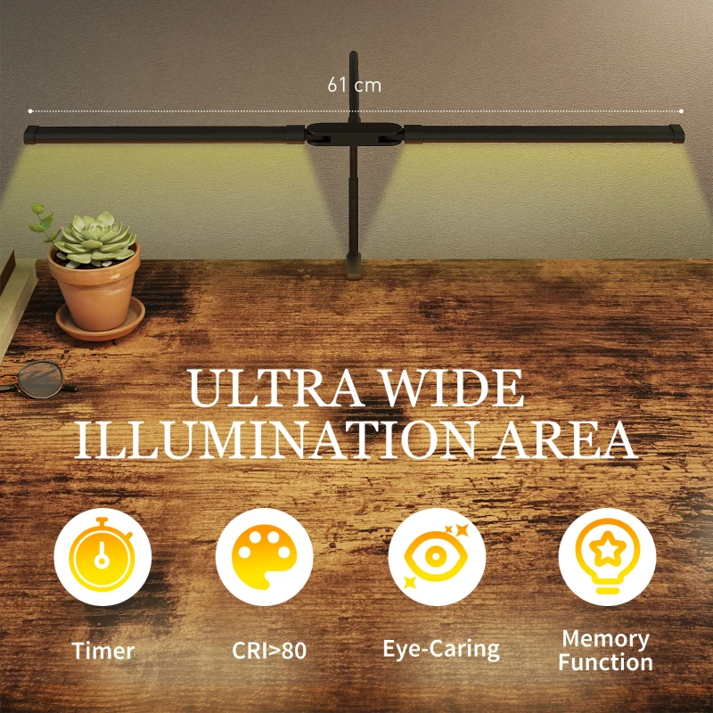 HOMCOM LED Desk Lamp with Clamp, Double Head Table Lamp with 3 Colour Modes & 10 Brightness Levels, Flexible Gooseneck Reading Desk Light with Timer and Memory Function for Study, Office, Work, Black