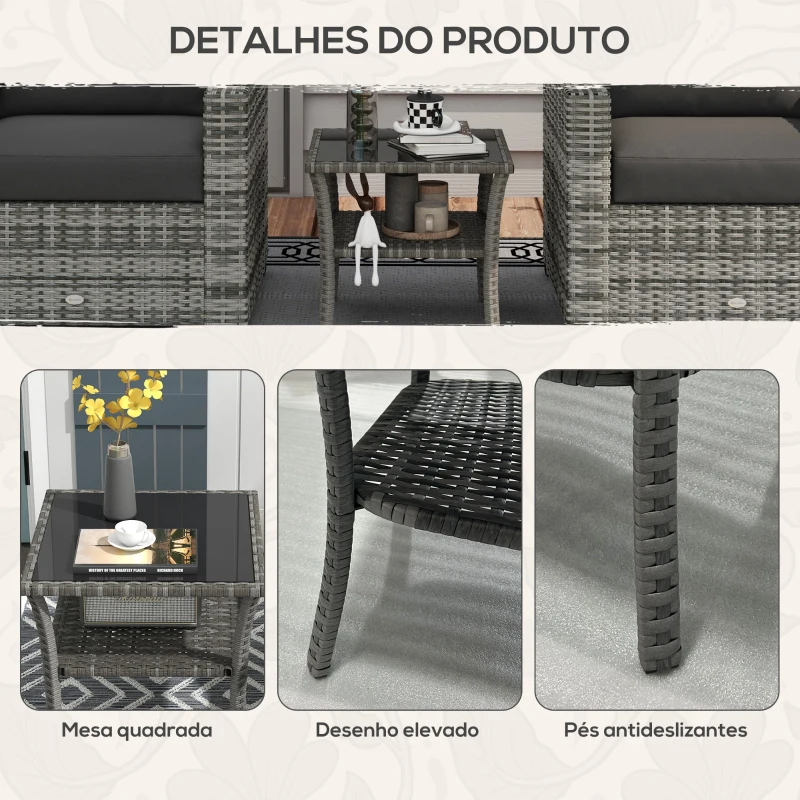 Outsunny Mesa de Vime Quadrada 50x50x45 cm Mesa de Jardim e Prateleira Tampo de Vidro Suporta 30 kg para Terraço Pátio Cinzento
