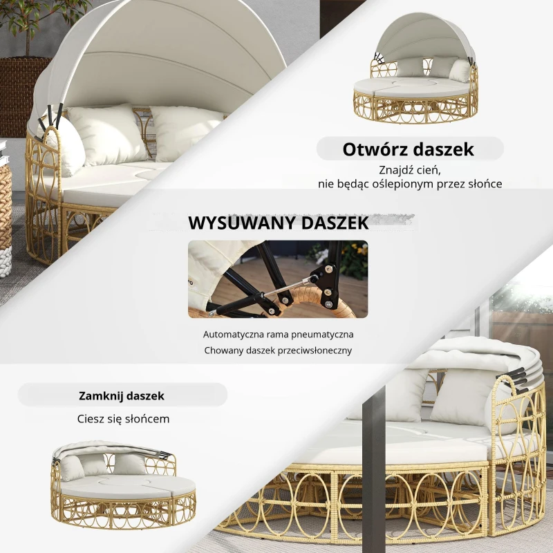 Outsunny Wyspa słoneczna, 4-elementowa, rozkładany daszek, 5 poduszek, imitacja rattanu, 178S x 85G x 66,5W cm, Beżowy