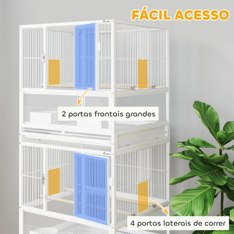 PawHut Gaiola para Pássaros de 2 Níveis com Rodas Painéis Acrílicos Comedouros Prateleira Bandejas Amovíveis  48x46x134,5 cm Branco