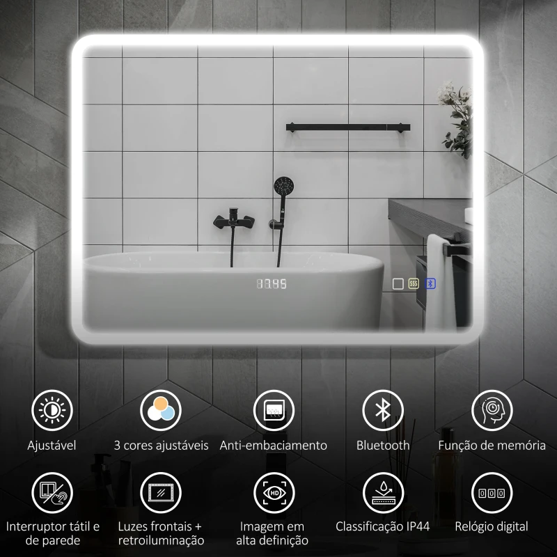 HOMCOM Espelho de Casa de Banho com Luz LED 80x60 cm Bluetooth 3 Cores de Luz Relógio Digital Função Antiembaciamento Função de Memória Prata