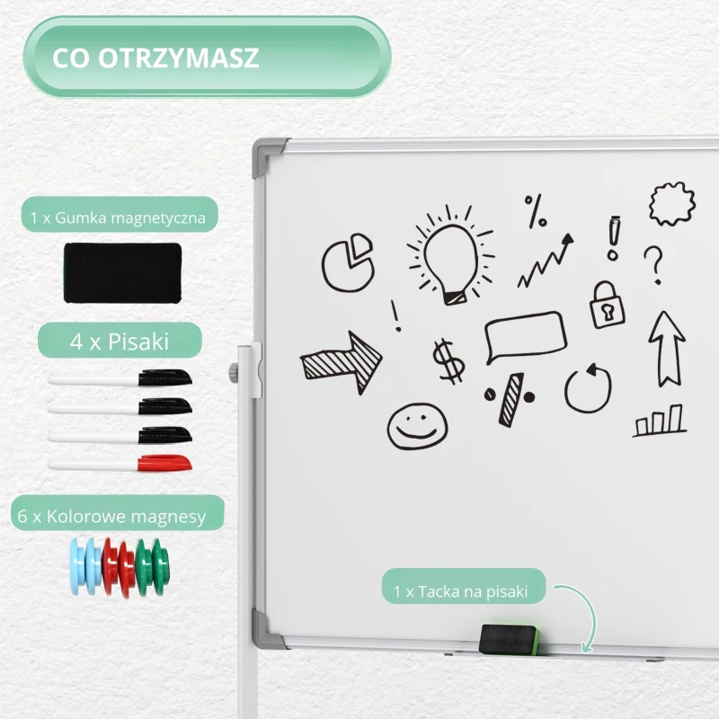 HOMCOM Tablica Magnetyczna, 120 x 90 cm, Obrotowa, Mobilna, z Markerami & Gąbką, Stalowa Konstrukcja, Biała